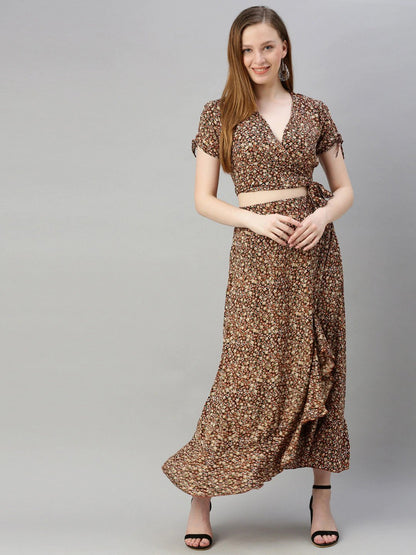 Brown & Beige Printed Wrap Top with Skirt