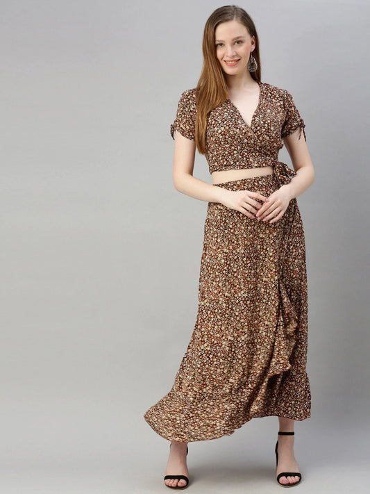 Brown & Beige Printed Wrap Top with Skirt