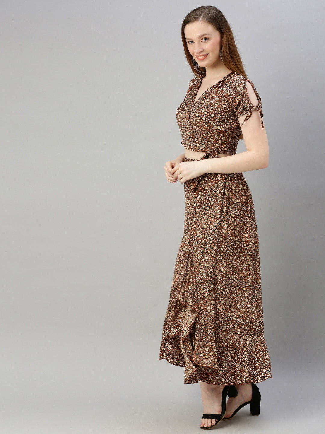 Brown & Beige Printed Wrap Top with Skirt