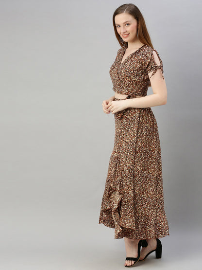 Brown & Beige Printed Wrap Top with Skirt