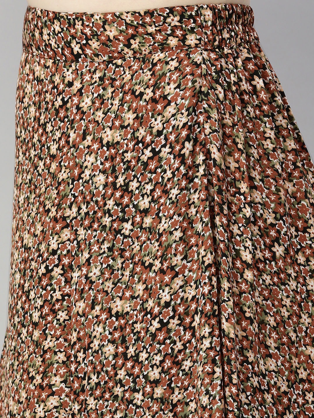 Brown & Beige Printed Wrap Top with Skirt