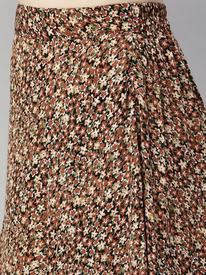 Brown & Beige Printed Wrap Top with Skirt