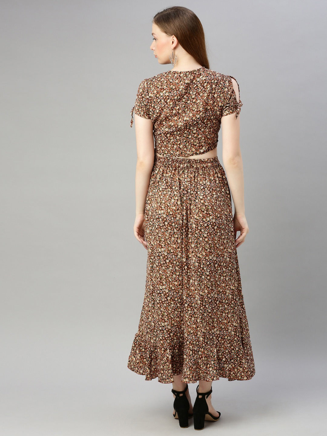 Brown & Beige Printed Wrap Top with Skirt