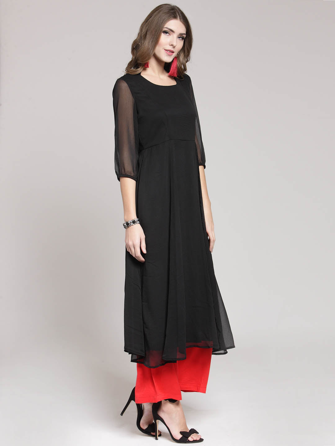 Red Solid Flared Kurta and Black Palazzo Set