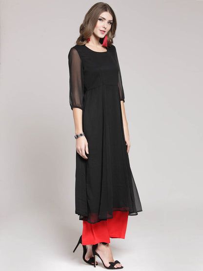 Red Solid Flared Kurta and Black Palazzo Set