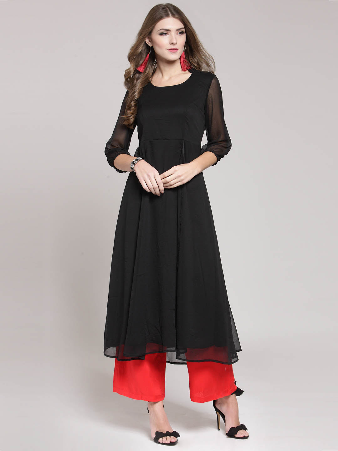 Red Solid Flared Kurta and Black Palazzo Set
