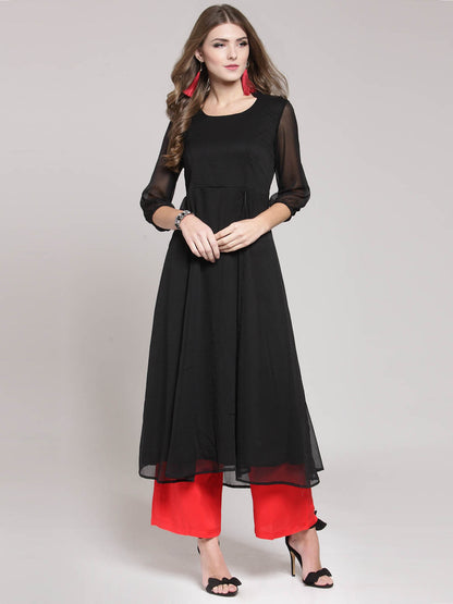 Red Solid Flared Kurta and Black Palazzo Set