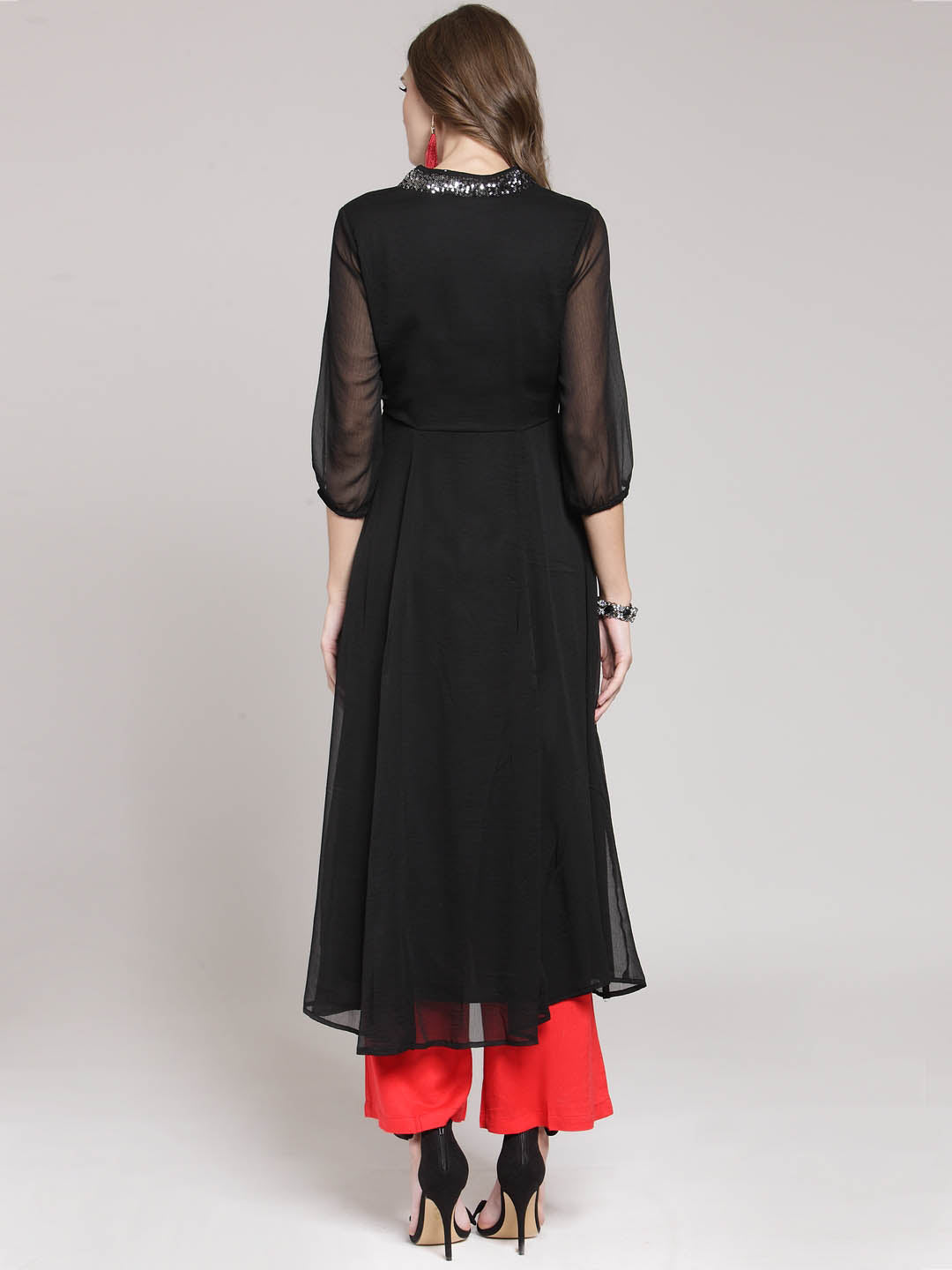 Red Solid Flared Kurta and Black Palazzo Set