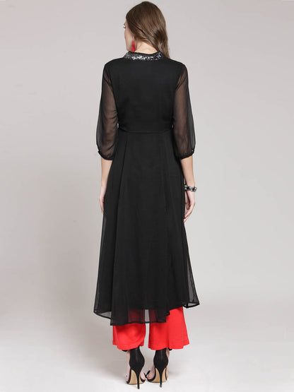 Red Solid Flared Kurta and Black Palazzo Set