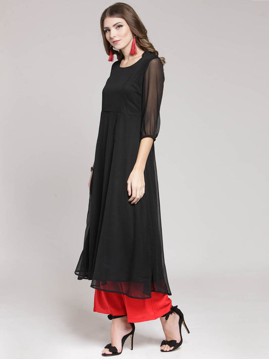 Red Solid Flared Kurta and Black Palazzo Set