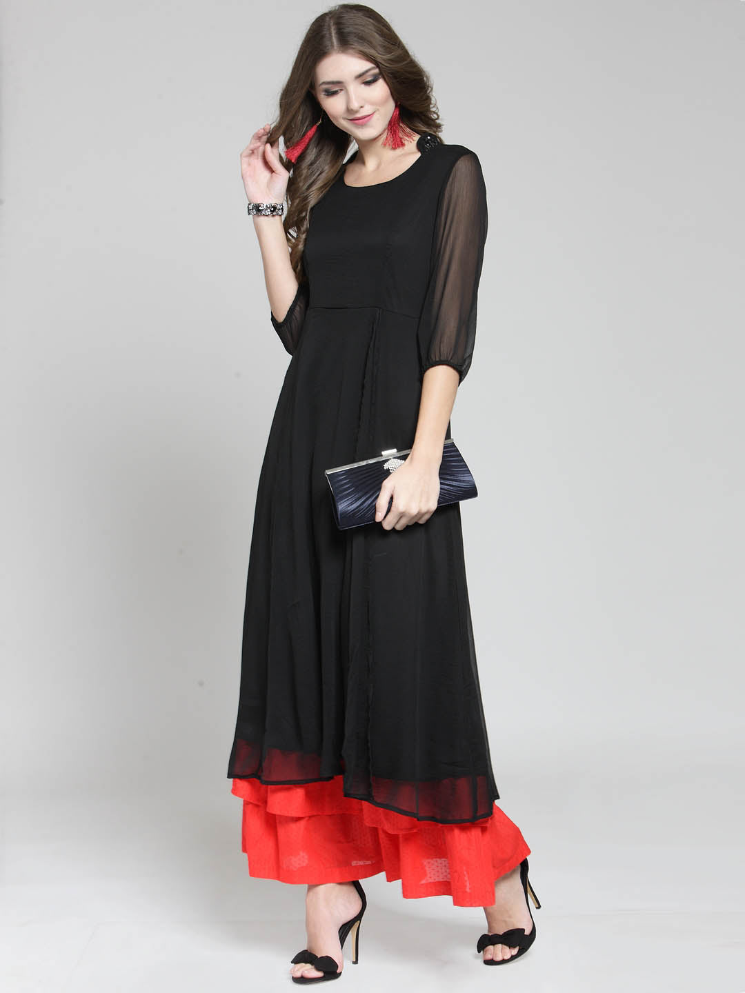Red Solid Flared Kurta and Black Palazzo Set