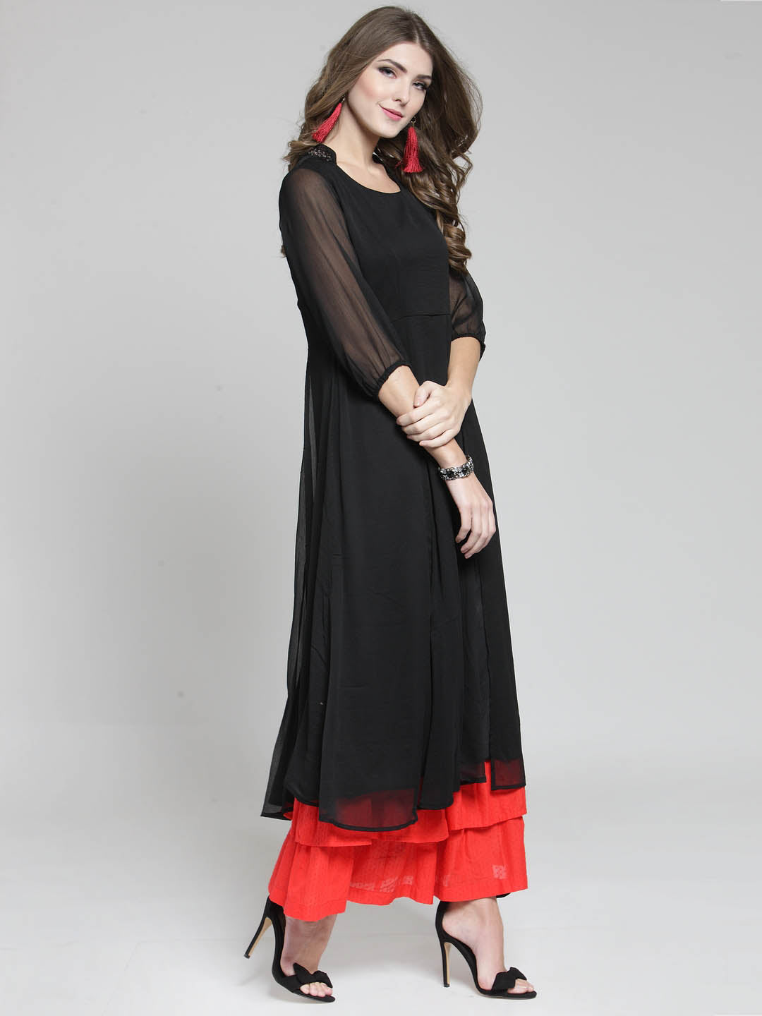 Red Solid Flared Kurta and Black Palazzo Set
