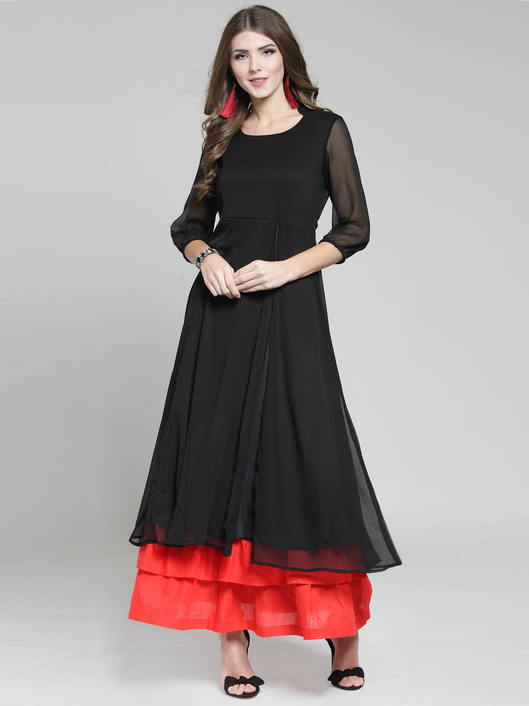 Red Solid Flared Kurta and Black Palazzo Set