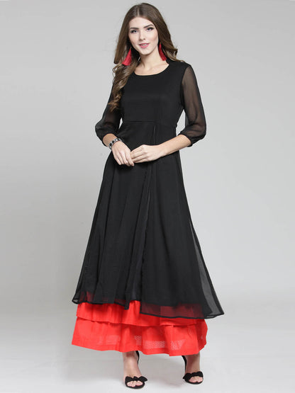 Red Solid Flared Kurta and Black Palazzo Set