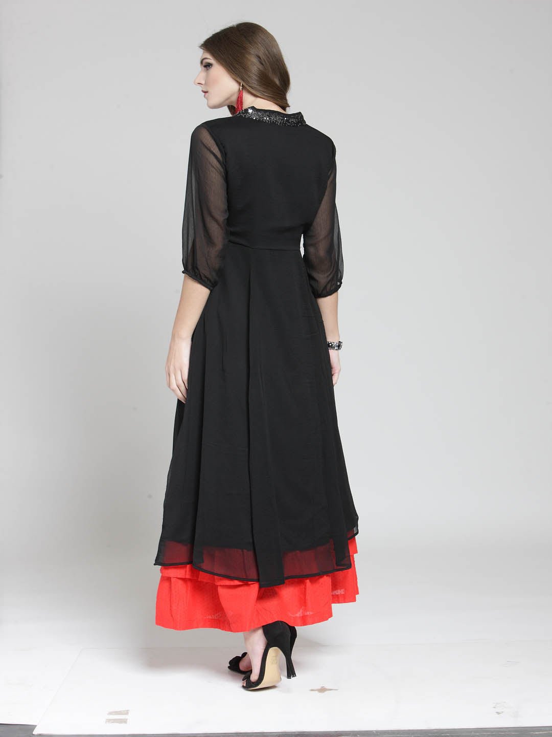 Red Solid Flared Kurta and Black Palazzo Set