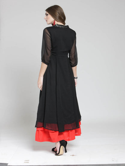 Red Solid Flared Kurta and Black Palazzo Set