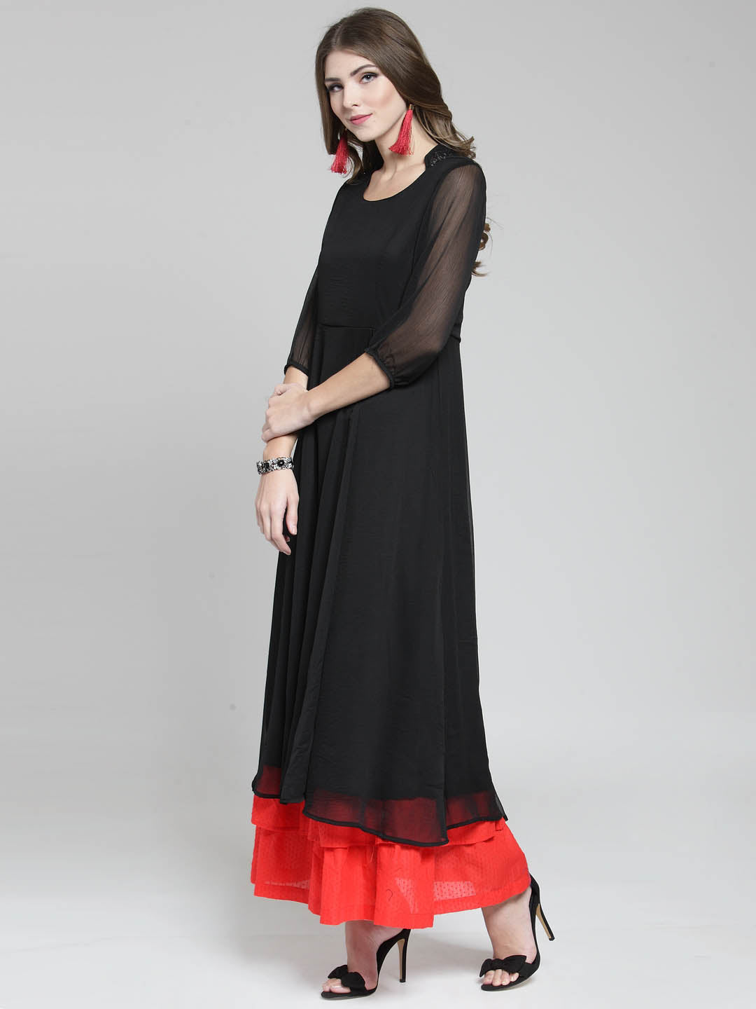 Red Solid Flared Kurta and Black Palazzo Set