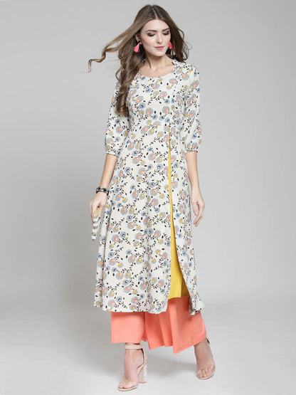 Cream Floral Printed Flared Kurta and Coral Palazzo Set