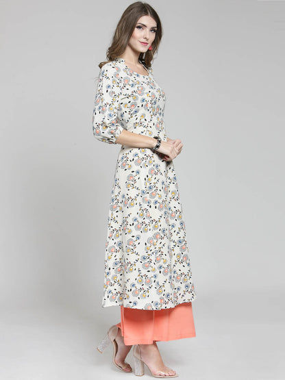 Cream Floral Printed Flared Kurta and Coral Palazzo Set