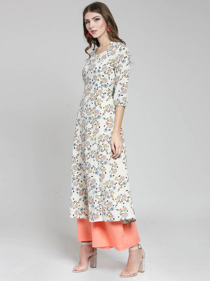 Cream Floral Printed Flared Kurta and Coral Palazzo Set
