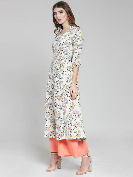 Cream Floral Printed Flared Kurta and Coral Palazzo Set