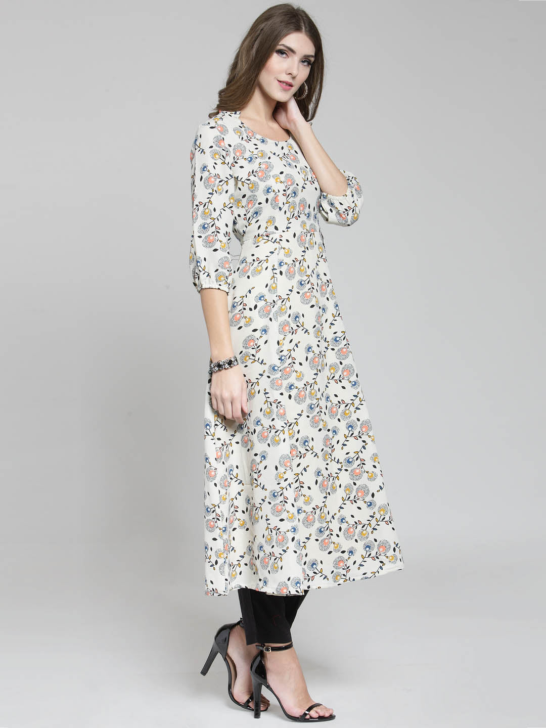 Cream Floral Printed Flared Kurta and Black Palazzo Set