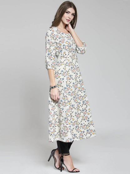 Cream Floral Printed Flared Kurta and Black Palazzo Set