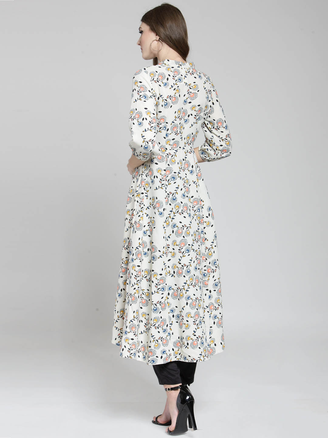 Cream Floral Printed Flared Kurta and Black Palazzo Set