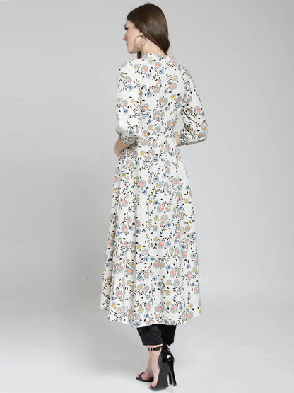 Cream Floral Printed Flared Kurta and Black Palazzo Set