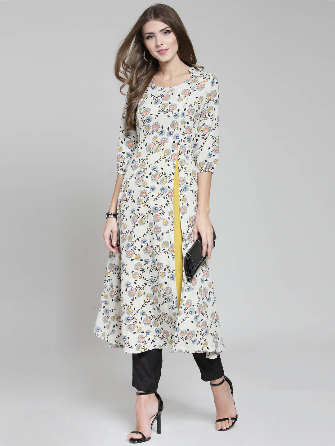 Cream Floral Printed Flared Kurta and Black Palazzo Set
