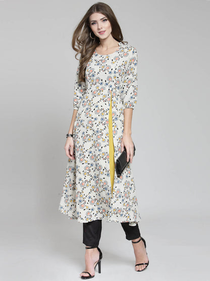 Cream Floral Printed Flared Kurta and Black Palazzo Set