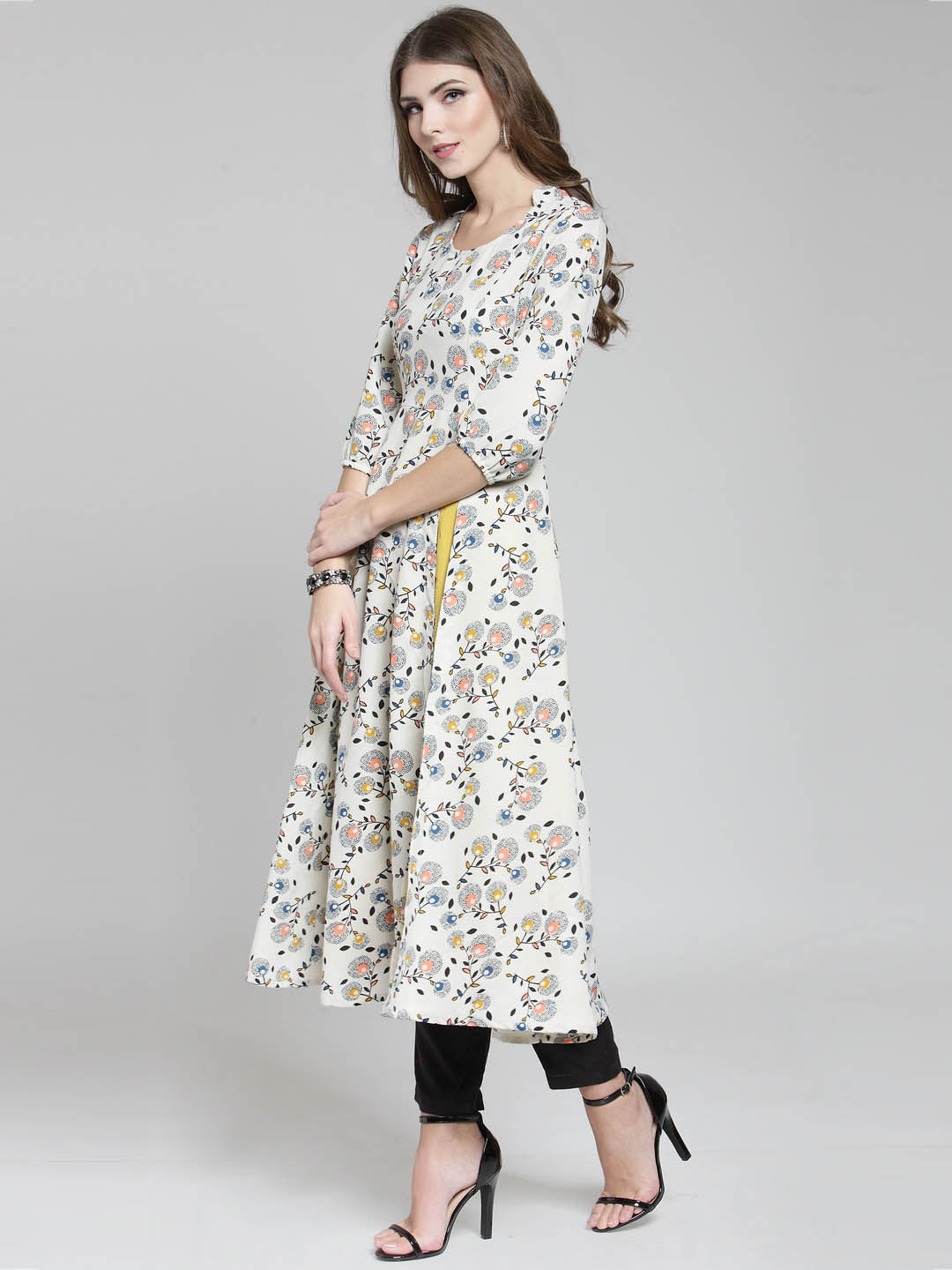 Cream Floral Printed Flared Kurta and Black Palazzo Set