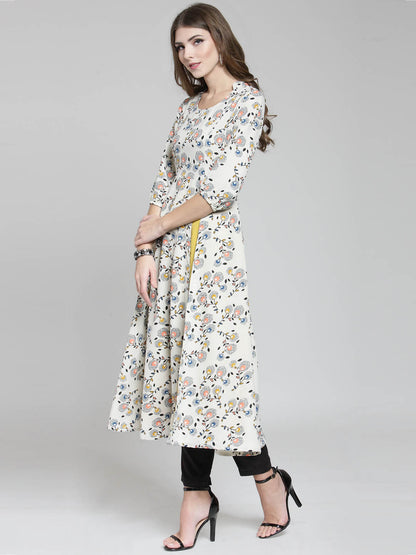 Cream Floral Printed Flared Kurta and Black Palazzo Set