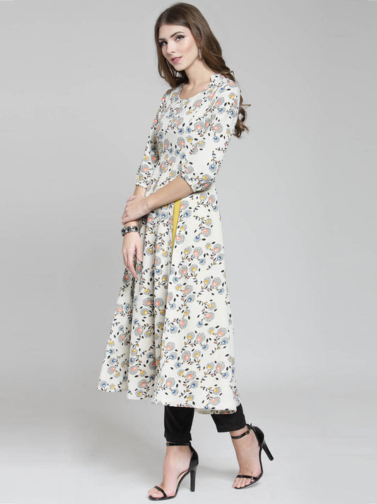 Cream Floral Printed Flared Kurta and Black Palazzo Set
