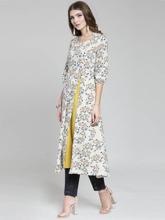 Cream Floral Printed Flared Kurta and Navy blue Palazzo Set