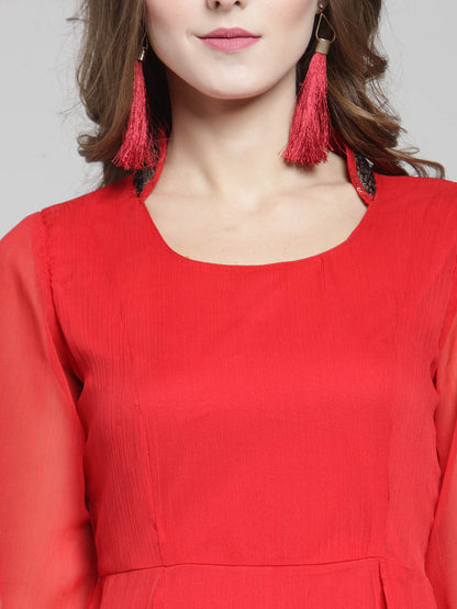 Women Red Solid Flared Kurta
