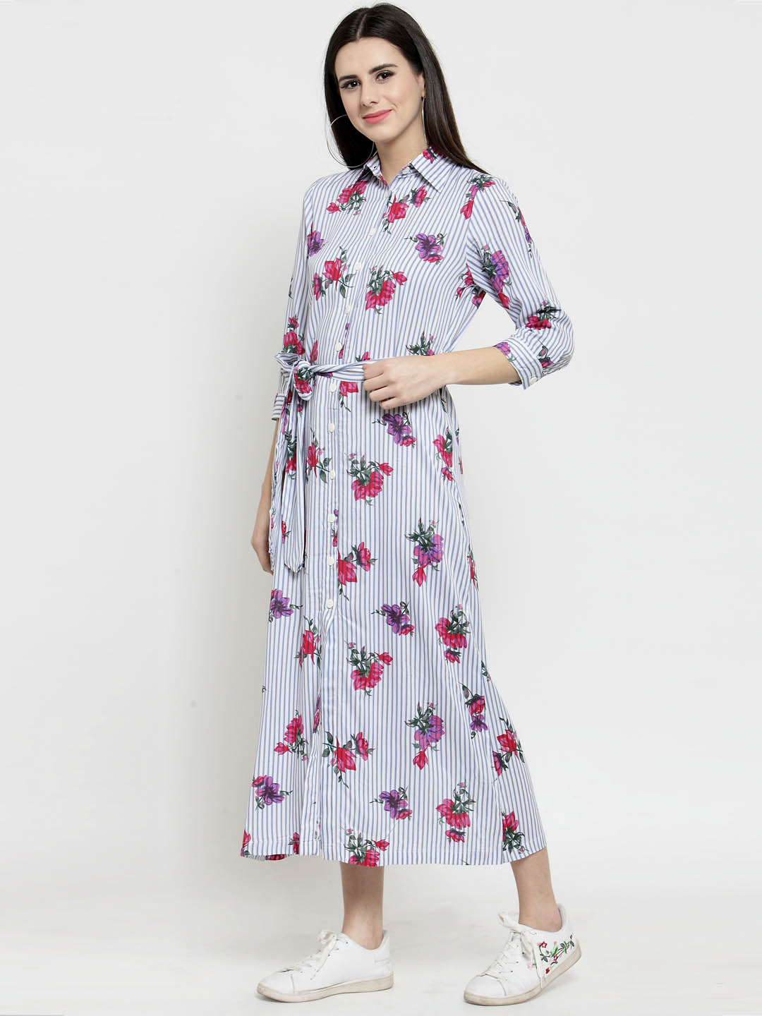 Striped Front Open midi dress
