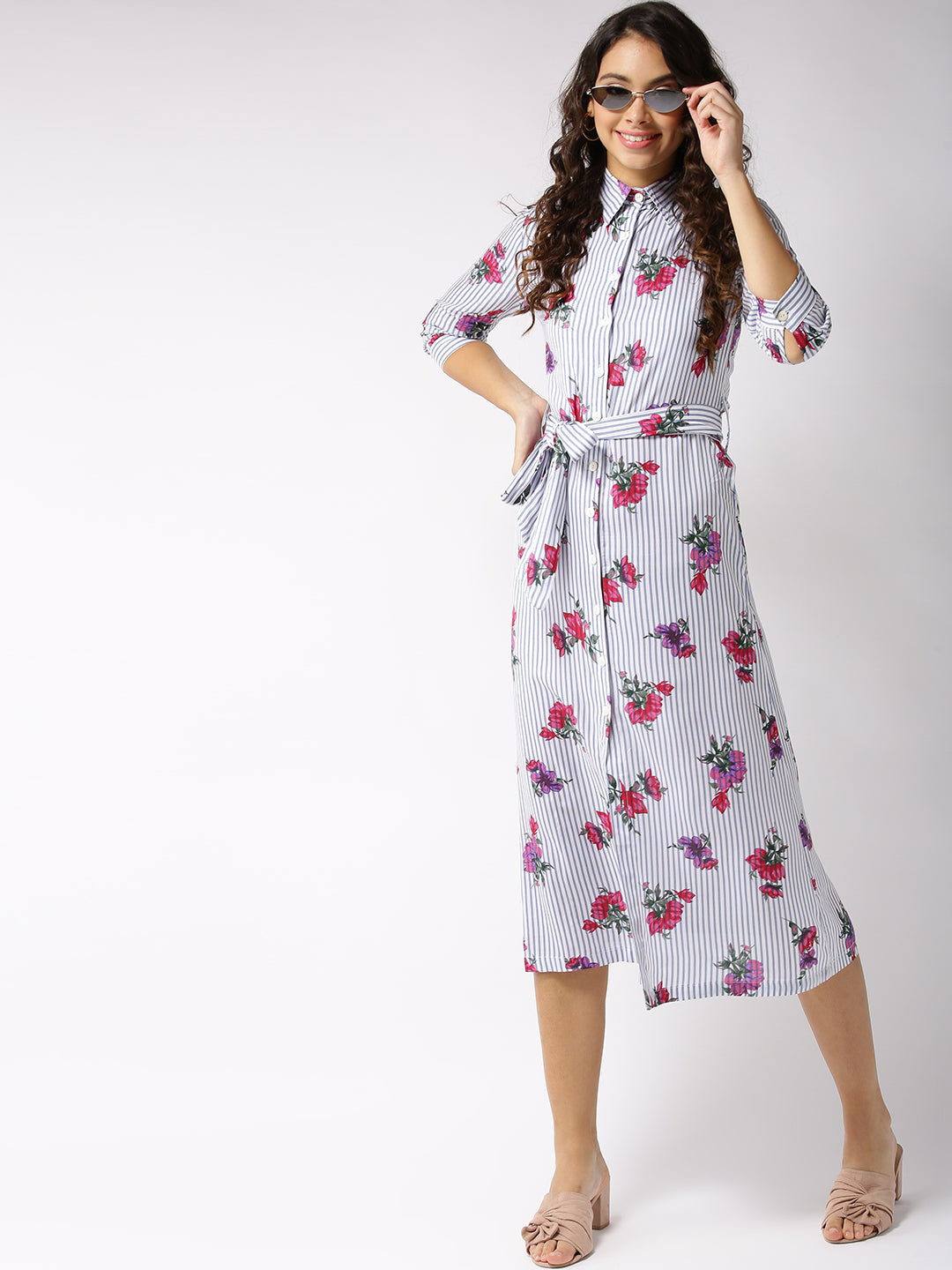 Striped Front Open midi dress