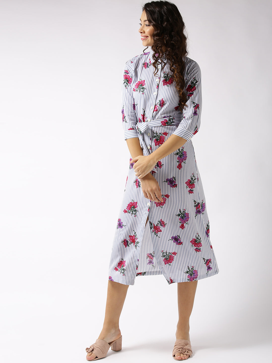 Striped Front Open midi dress