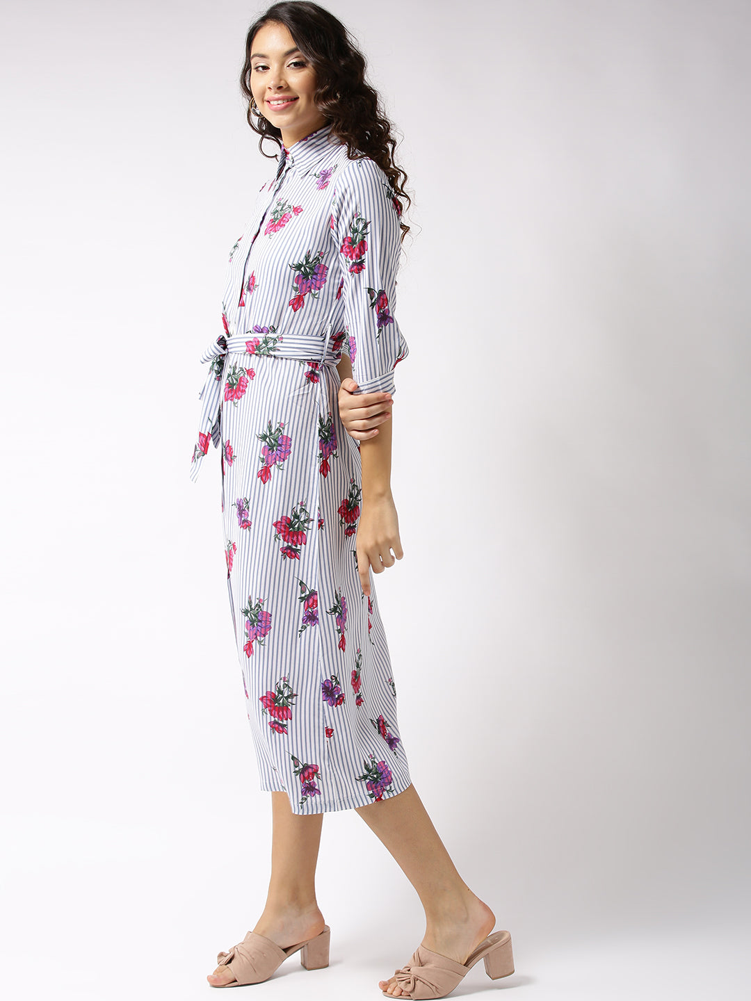 Striped Front Open midi dress