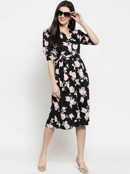 Black Floral Print Front Open dress