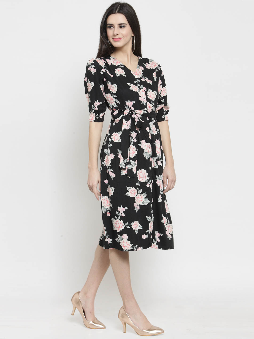 Black Floral Print Front Open dress