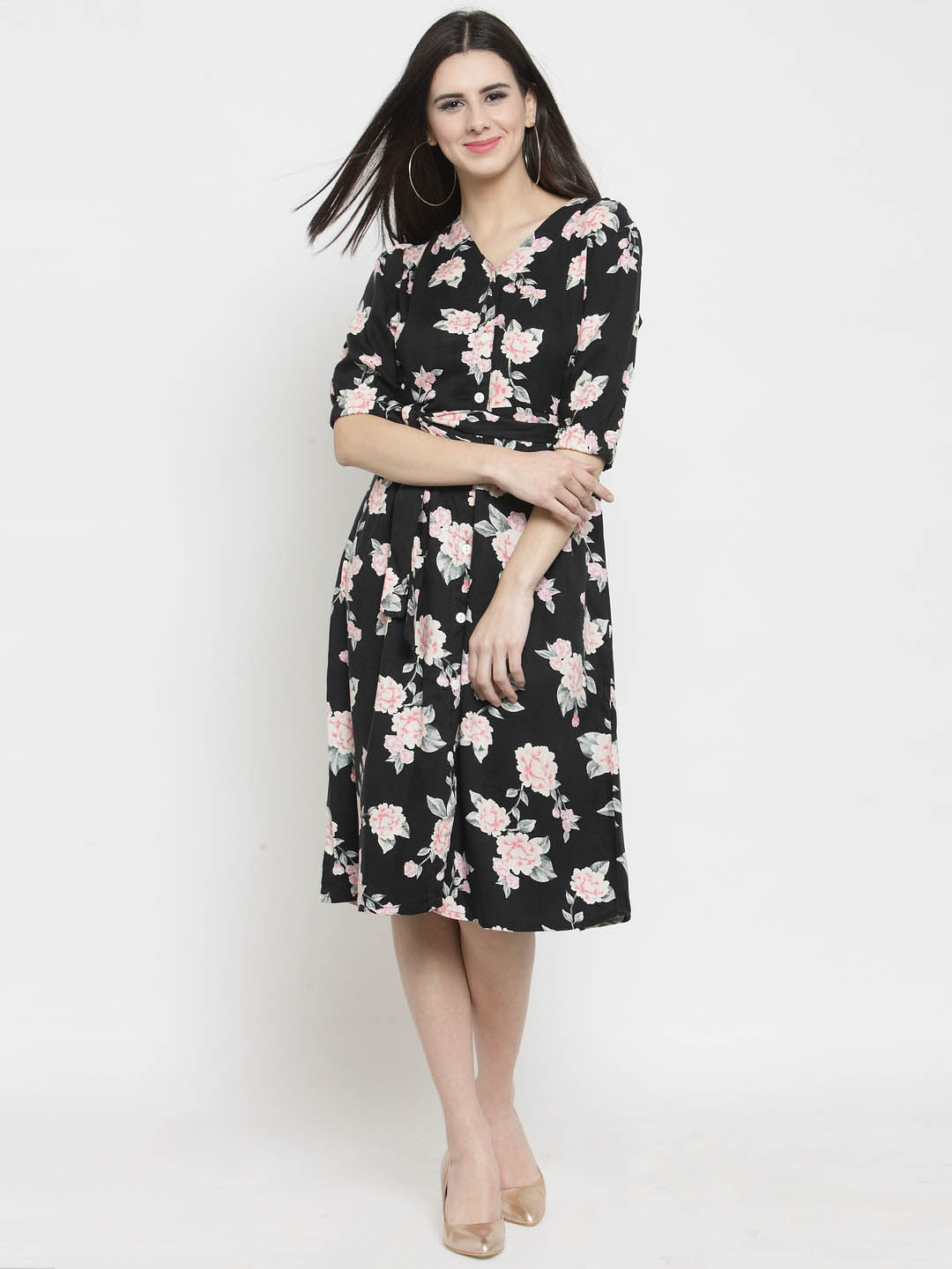 Black Floral Print Front Open dress