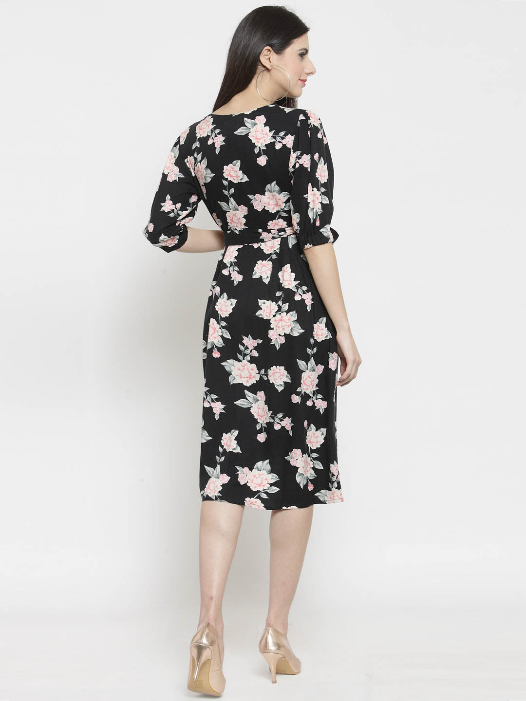 Black Floral Print Front Open dress