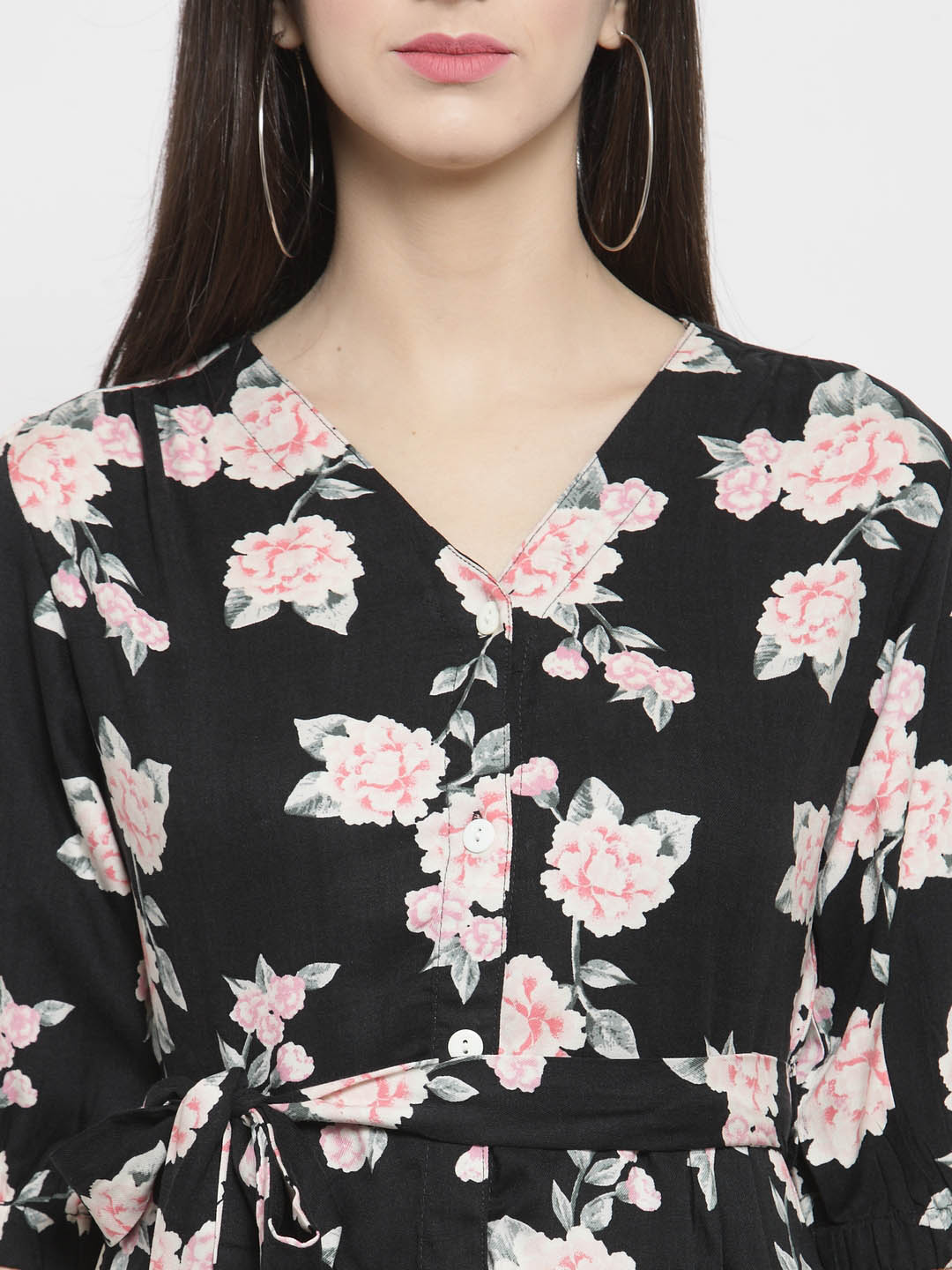 Black Floral Print Front Open dress