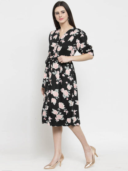 Black Floral Print Front Open dress