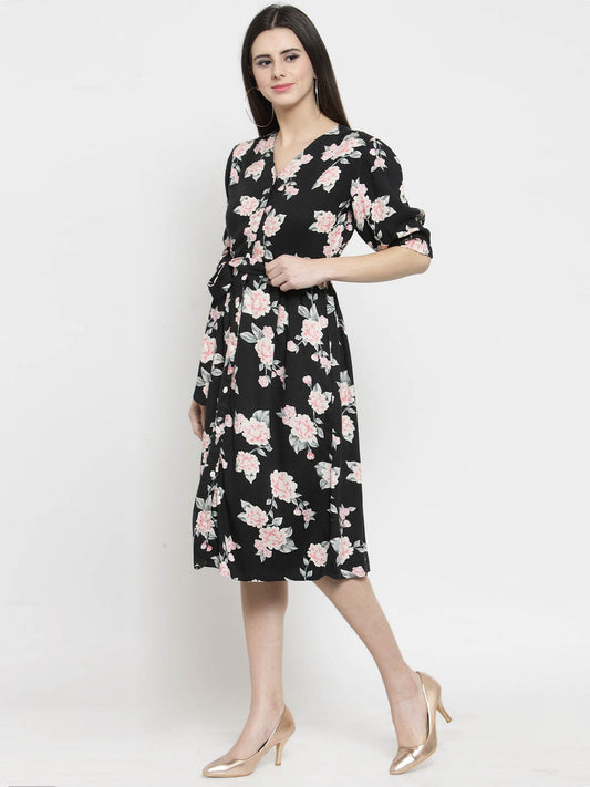 Black Floral Print Front Open dress