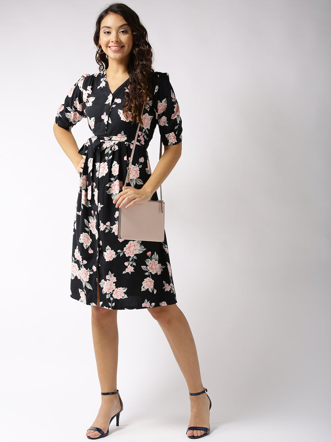 Black Print Front Open dress