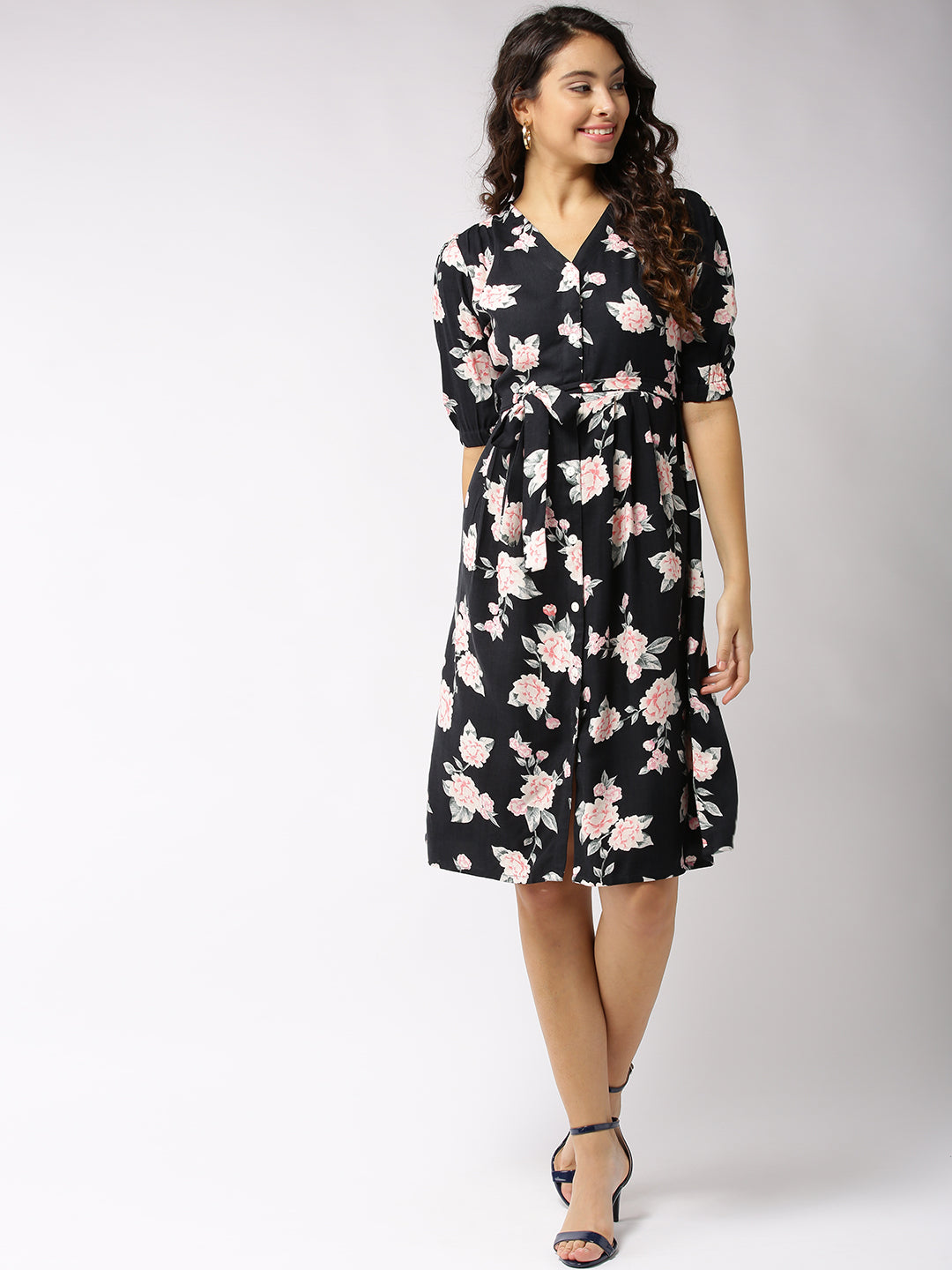 Black Print Front Open dress