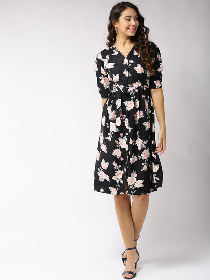 Black Print Front Open dress